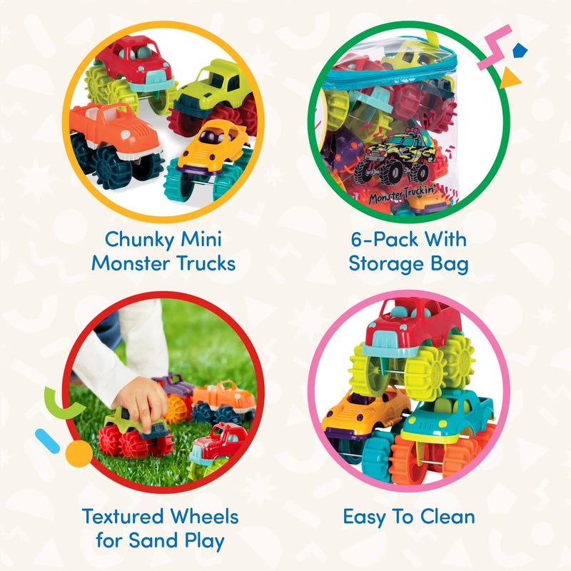 Battat - Plastic Toy Cars - 6 Pack & Storage Bag - Colorful Toddler Trucks - Easy To Clean - 2+ Years - Mini Monster Trucks - Image 3