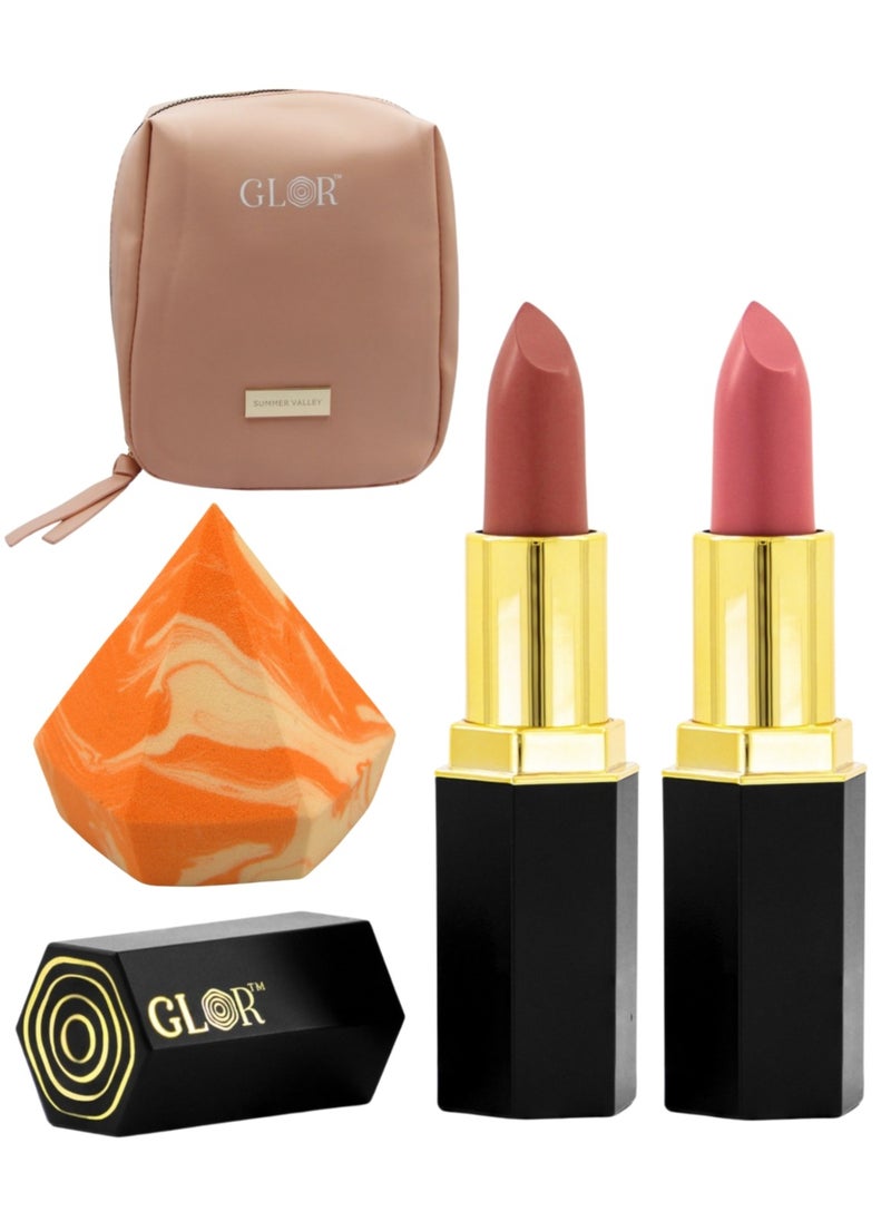 GLOR Glor Endless Charm Lipstick– Intense Long-Lasting Color, Luxurious Moisture, Ultra-Creamy Formula for Beautiful Lips-Affogato + Whispering Rose + 1 Beauty Blender + 1 Cosmetic Bag  - Image 1