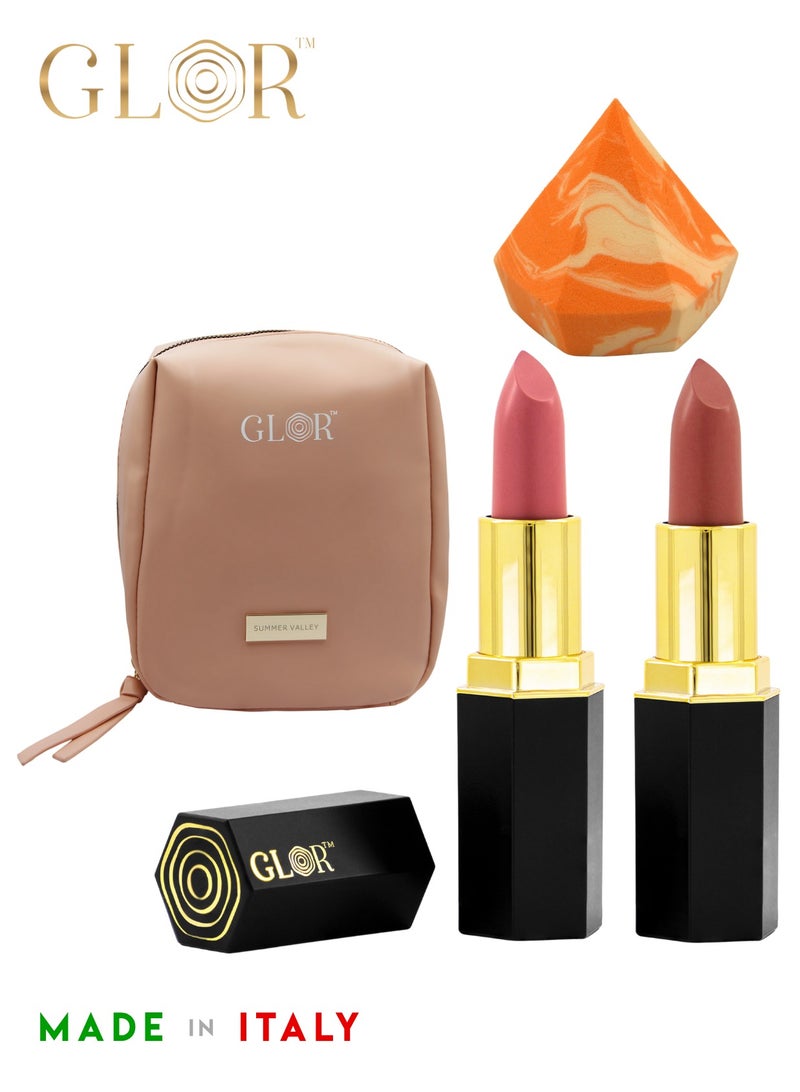 Glor Endless Charm Lipstick– Intense Long-Lasting Color, Luxurious Moisture, Ultra-Creamy Formula for Beautiful Lips-Affogato + Whispering Rose + 1 Beauty Blender + 1 Cosmetic Bag - Image 1