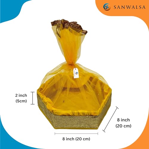 SANWALSA (Small, 8x8x2 inch, Hexagon) MDF Base Designer Gift Hamper Packaging Baskets with Net Cover, Gift Hamper Organiser perfect for any occasion (Yellow) - Image 4