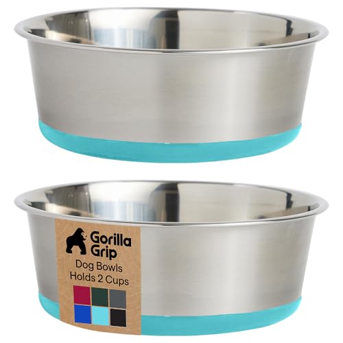GORILLA GRIP Dog Bowls Food Grade 304 Stainless Steel Holds 2 Cups Each 16 fl oz Food and Water Bowl for Feeding Dogs and Cats Dishwasher Safe Rust Resistant BPA Free Rubber Base Set of 2 Turquoise - Image 1