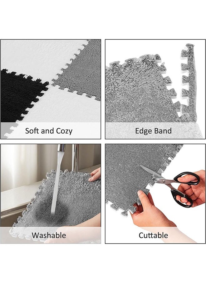 18 Pcs Plush Foam Floor Mat Square Interlocking Carpet Tiles with Border Fluffy Play Mat Floor Tiles Soft Climbing Area Rugs for Home Playroom Decor,30x30x1cm (Black, White, Gray)