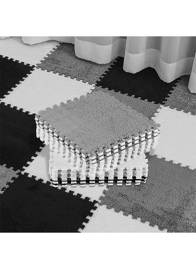 18 Pcs Plush Foam Floor Mat Square Interlocking Carpet Tiles with Border Fluffy Play Mat Floor Tiles Soft Climbing Area Rugs for Home Playroom Decor,30x30x1cm (Black, White, Gray)