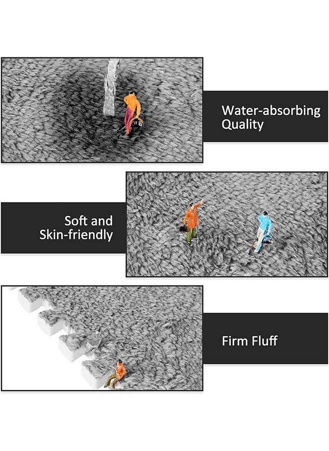 18 Pcs Plush Foam Floor Mat Square Interlocking Carpet Tiles with Border Fluffy Play Mat Floor Tiles Soft Climbing Area Rugs for Home Playroom Decor,30x30x1cm (Black, White, Gray)