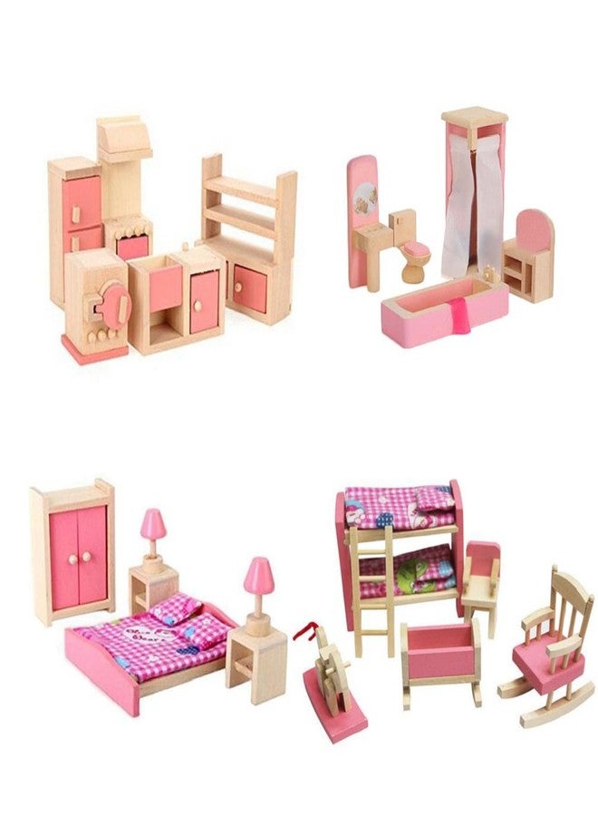 Kunhe Wooden Dollhouse Furniture Set Including Kitchen Bathroom Bedroom Kid Room for Dollhouse Pink Color - Image 1