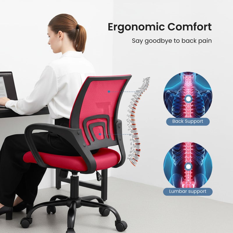 DUMOS Home Office Chair - Ergonomic Mid Back Mesh Desk Chair with Lumbar Support & Rocking Mode, Height Adjustable with Fixed Armrest, for Computer, Gaming, Meeting, 360Â° Swivel, Red - Image 2