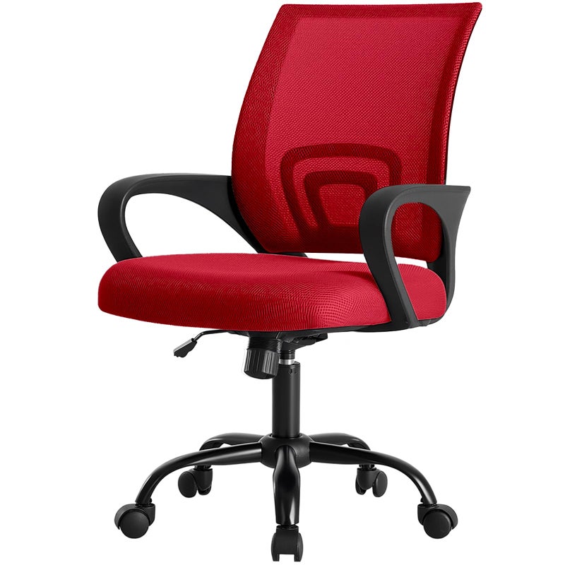 DUMOS Home Office Chair - Ergonomic Mid Back Mesh Desk Chair with Lumbar Support & Rocking Mode, Height Adjustable with Fixed Armrest, for Computer, Gaming, Meeting, 360Â° Swivel, Red - Image 1