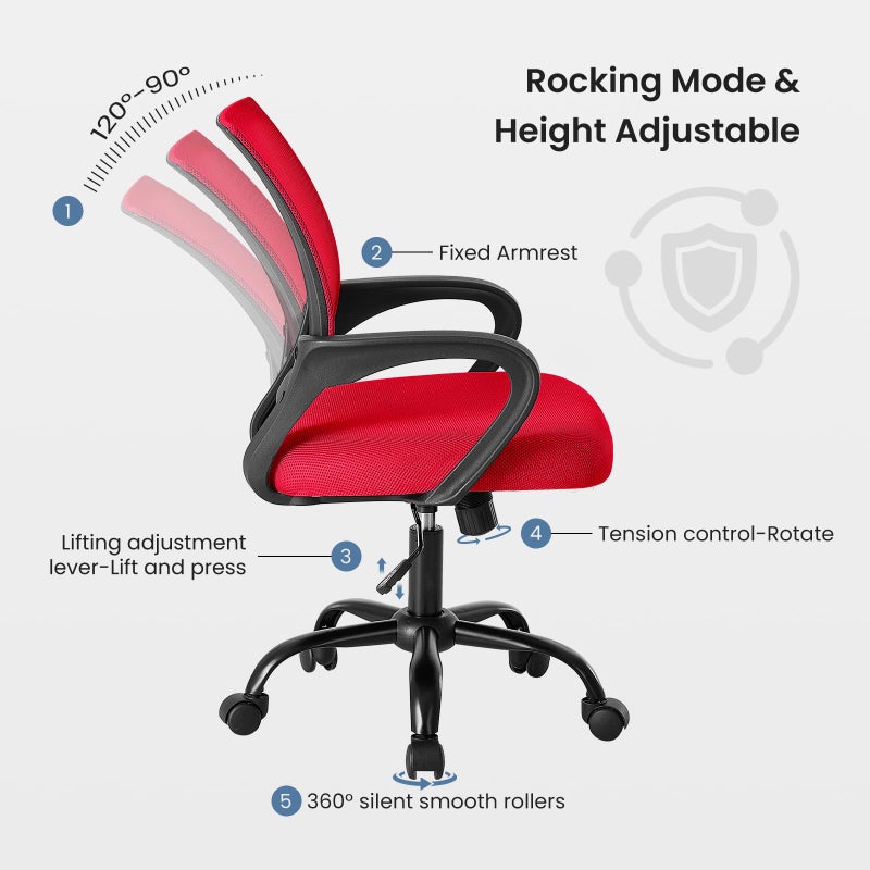 DUMOS Home Office Chair - Ergonomic Mid Back Mesh Desk Chair with Lumbar Support & Rocking Mode, Height Adjustable with Fixed Armrest, for Computer, Gaming, Meeting, 360Â° Swivel, Red - Image 3