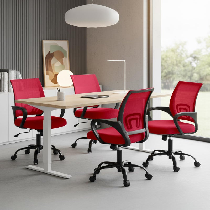 DUMOS Home Office Chair - Ergonomic Mid Back Mesh Desk Chair with Lumbar Support & Rocking Mode, Height Adjustable with Fixed Armrest, for Computer, Gaming, Meeting, 360Â° Swivel, Red - Image 5