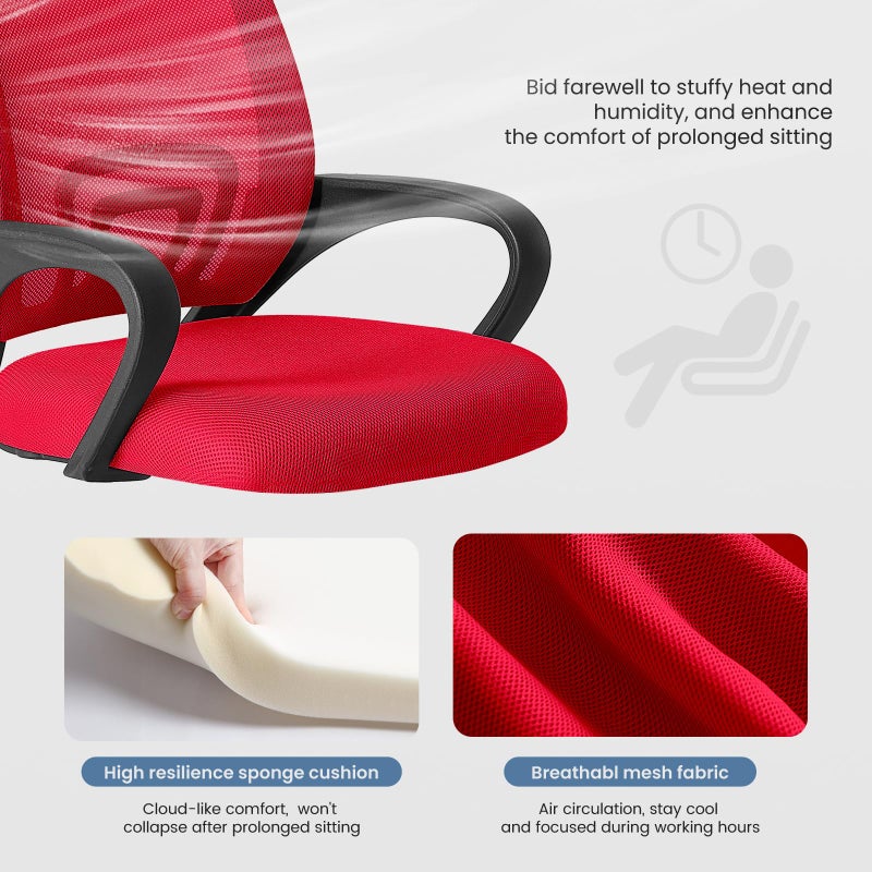 DUMOS Home Office Chair - Ergonomic Mid Back Mesh Desk Chair with Lumbar Support & Rocking Mode, Height Adjustable with Fixed Armrest, for Computer, Gaming, Meeting, 360Â° Swivel, Red - Image 4