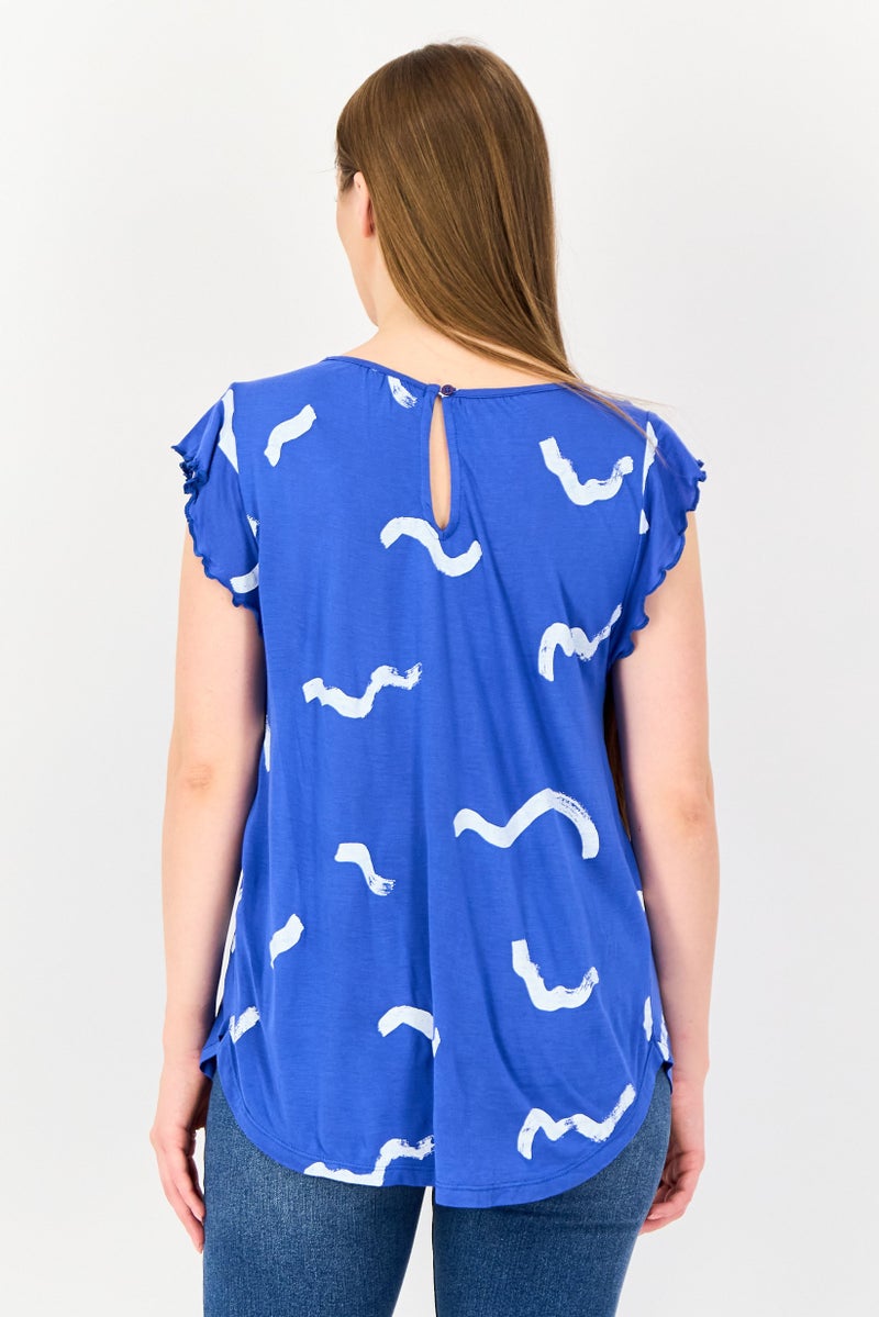 VERO MODA I Scenery by Vero Moda Women Round Neck Flutter Sleeve Graphic Print T-Shirt, Blue - Image 3