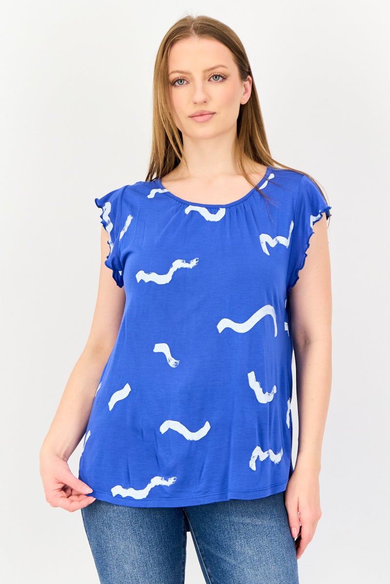 VERO MODA I Scenery by Vero Moda Women Round Neck Flutter Sleeve Graphic Print T-Shirt, Blue - Image 1