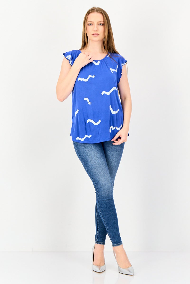 VERO MODA I Scenery by Vero Moda Women Round Neck Flutter Sleeve Graphic Print T-Shirt, Blue - Image 4