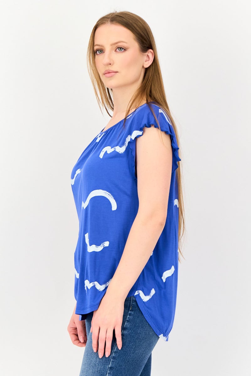 VERO MODA I Scenery by Vero Moda Women Round Neck Flutter Sleeve Graphic Print T-Shirt, Blue - Image 2