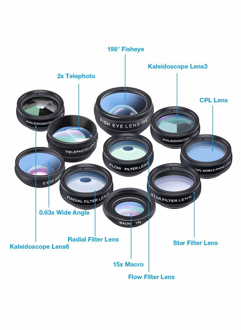 Excefore - Phone Camera Lens Kit with 0.63X Wide Angle, 15X Macro, 198 Degree Fisheye, 2X Telephoto, CPL, Star Filter, Radial Filter, Flow Filter, Kaleidoscope 3, Kaleidoscope 6 Compatible with Android iPhone - Image 1