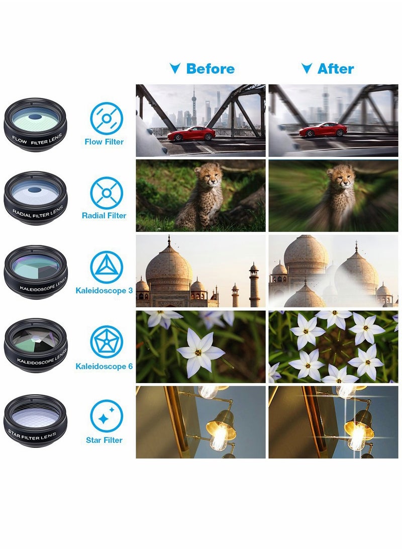 Excefore - Phone Camera Lens Kit with 0.63X Wide Angle, 15X Macro, 198 Degree Fisheye, 2X Telephoto, CPL, Star Filter, Radial Filter, Flow Filter, Kaleidoscope 3, Kaleidoscope 6 Compatible with Android iPhone - Image 1
