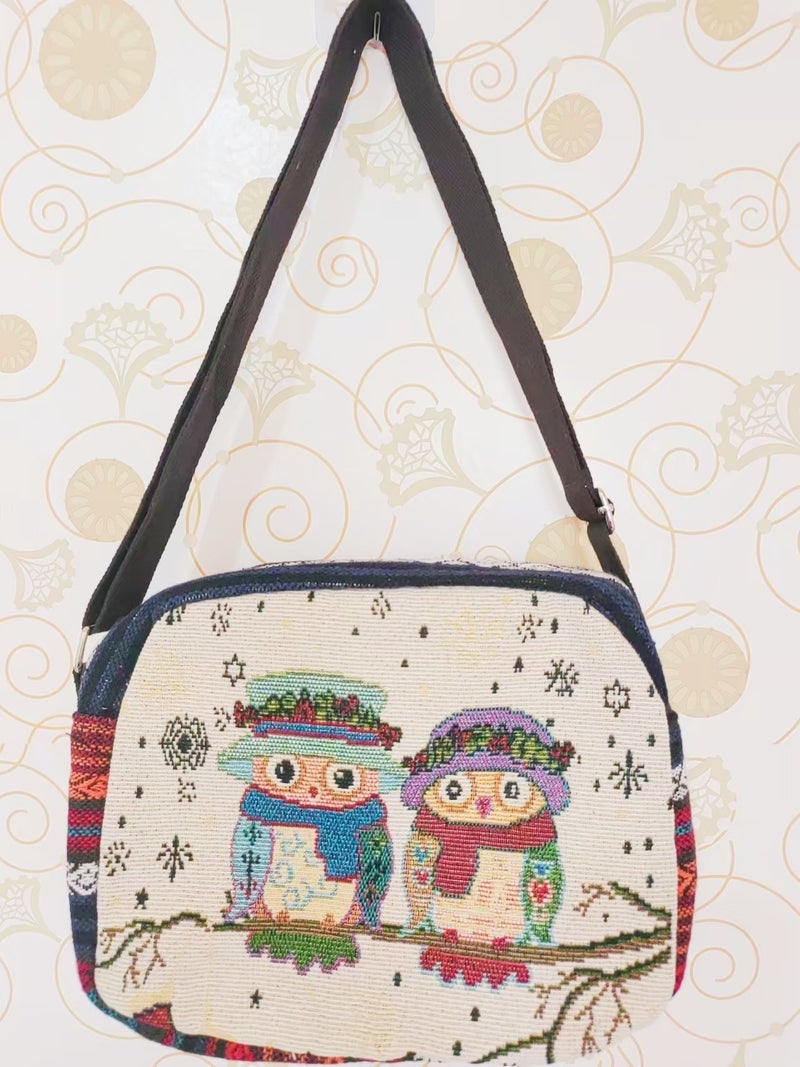 Ethnic-Style Crossbody Bag Double-Sided Embroidered Canvas Bag Women'S Cute Embroidered Elephant Owl Shoulder Bag - Image 1