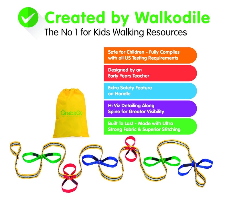 Walkodile Grab & Go Children's Walking Rope (12 Child). Teacher Designed. Extra Safety Feature on Handles. Strong Fabric & Heavy Duty Stitching. Includes Learning Games for Walks Guide - Image 3