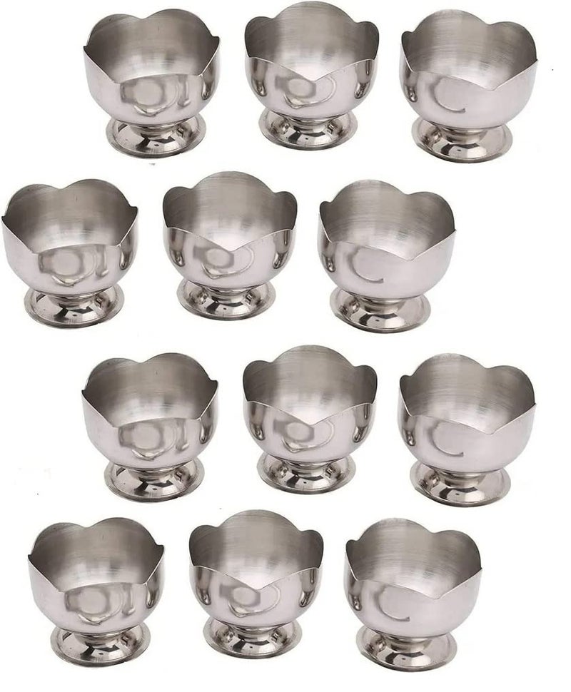 Dynore Stainless Steel Set of 12 Lotus Ice Cream Cup/Soup Bowl with Stand