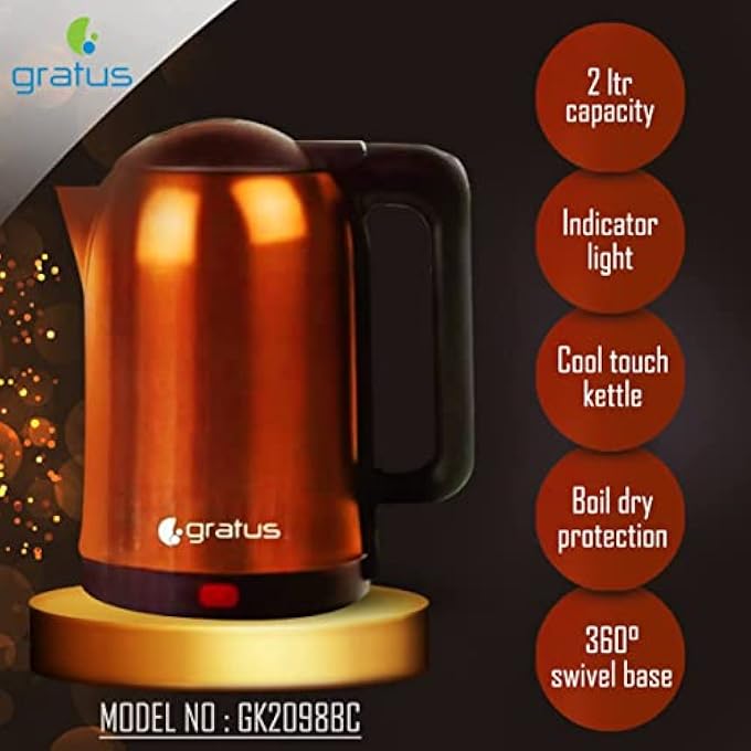 gratus Electric Copper Coated StainlessSteel Kettle 2L 360Degree Cordless Power Base Model Glk2098Bc - Image 2