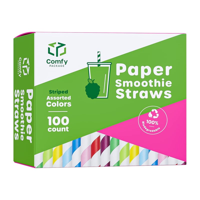 Comfy Package [100 Pack] 10 mm Jumbo Striped Paper Smoothie Straws  100% Biodegradable Paper Boba Straws  Disposable Milkshake Straws - Assorted Colors - Image 1
