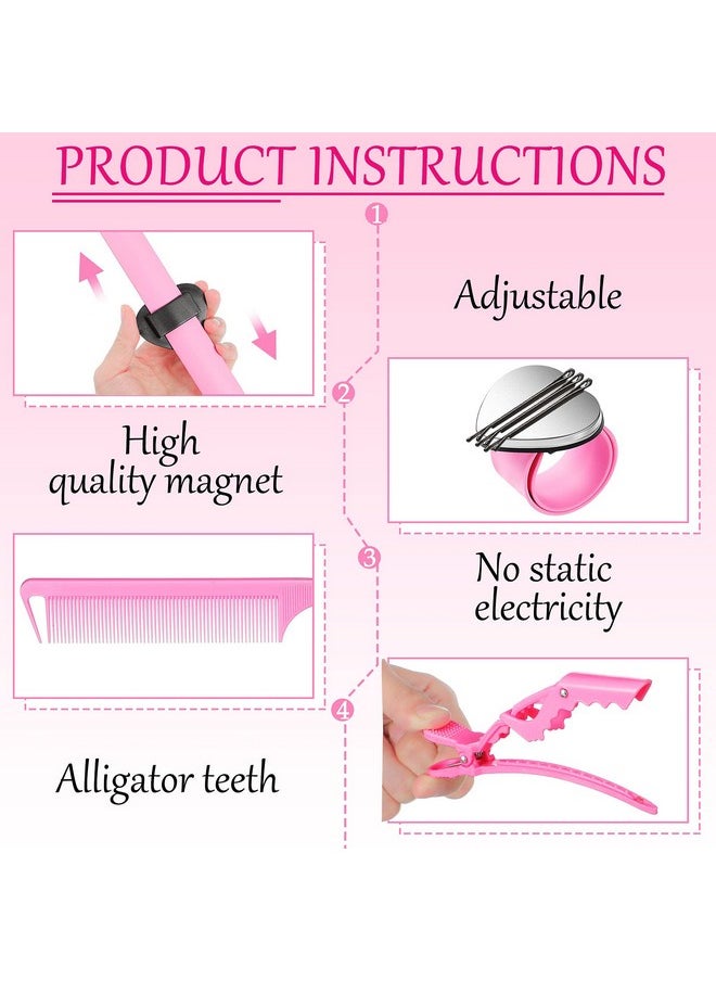 Nuenen - 7 Pieces Hair Braiding Tools 1 Piece Magnetic Pin Wristband And 2 Pieces Stainless Steel Pintail Rat Tail Comb With 4 Pieces Wide Teeth Alligator Sectioning Hair Clip For Hair Braid Maker (Pink) - Image 1