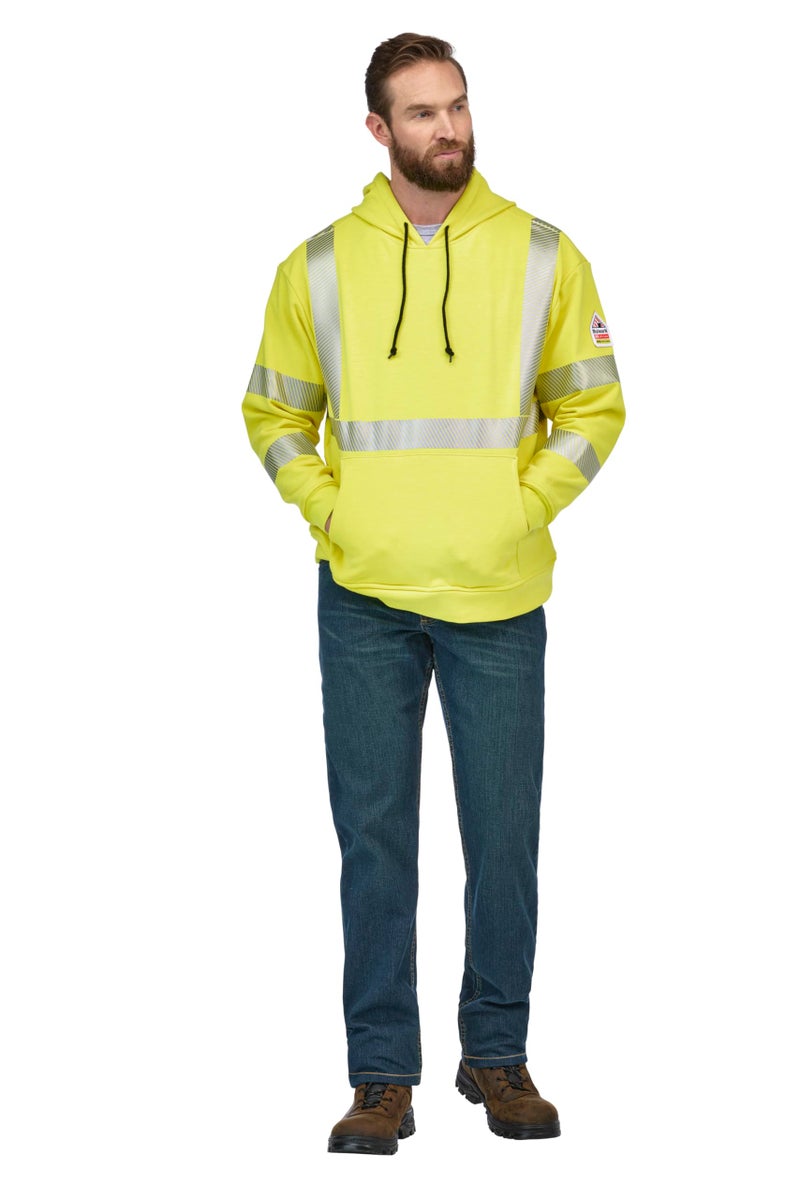 Bulwark Mens Fleece FR HiVisibility Pullover Hooded Sweatshirt YellowGreen Large