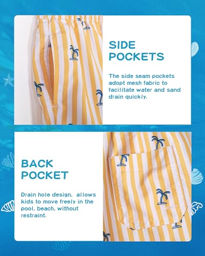 SURF CUZ Boys Swim Trunks Swimsuit for Toddler Boy Bathing Suits Quick Dry Kids Board Shorts UPF 50+ Mesh Swim Shorts Yellow Stripe Palm 5-6 Years - Image 5