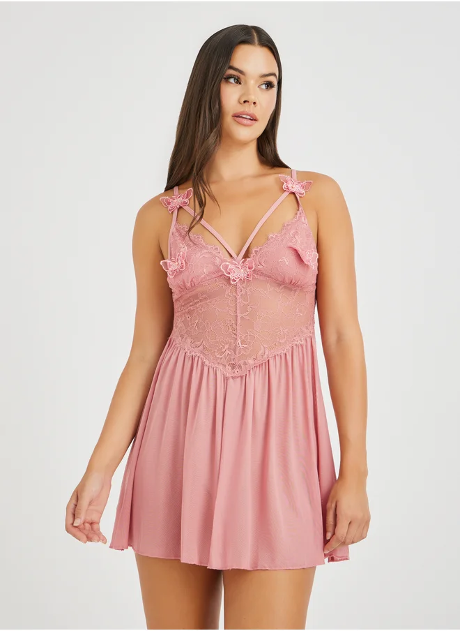 Take Two Take Two Women's All Lace Cup Butterfly Decration Mesh Skirt Slip Babydoll