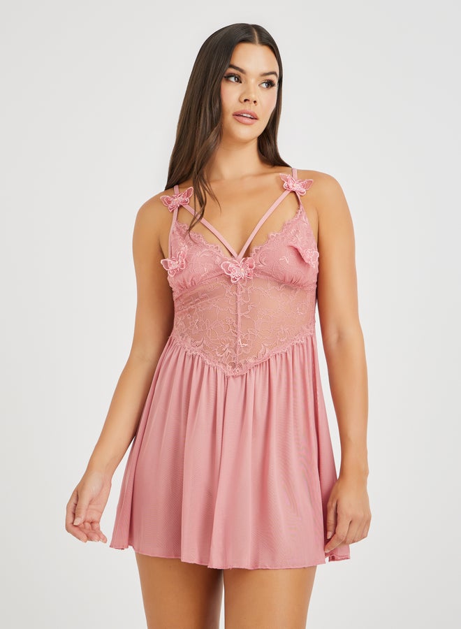 Styli Styli Women's All Lace Cup Butterfly Decration Mesh Skirt Slip Babydoll - Image 1