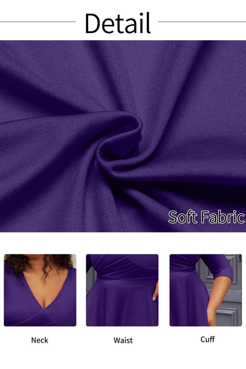 CLOCOR Women's Plus Size Midi Dress 3/4 Sleeve A-Line Swing Dress V Neck Flowy Casual Dresses Deep Purple 3X-Large - Image 5
