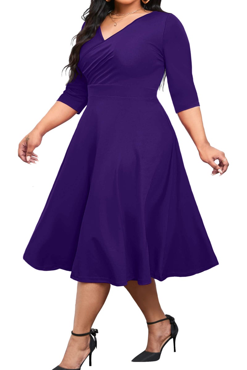 CLOCOR Women's Plus Size Midi Dress 3/4 Sleeve A-Line Swing Dress V Neck Flowy Casual Dresses Deep Purple 3X-Large - Image 1