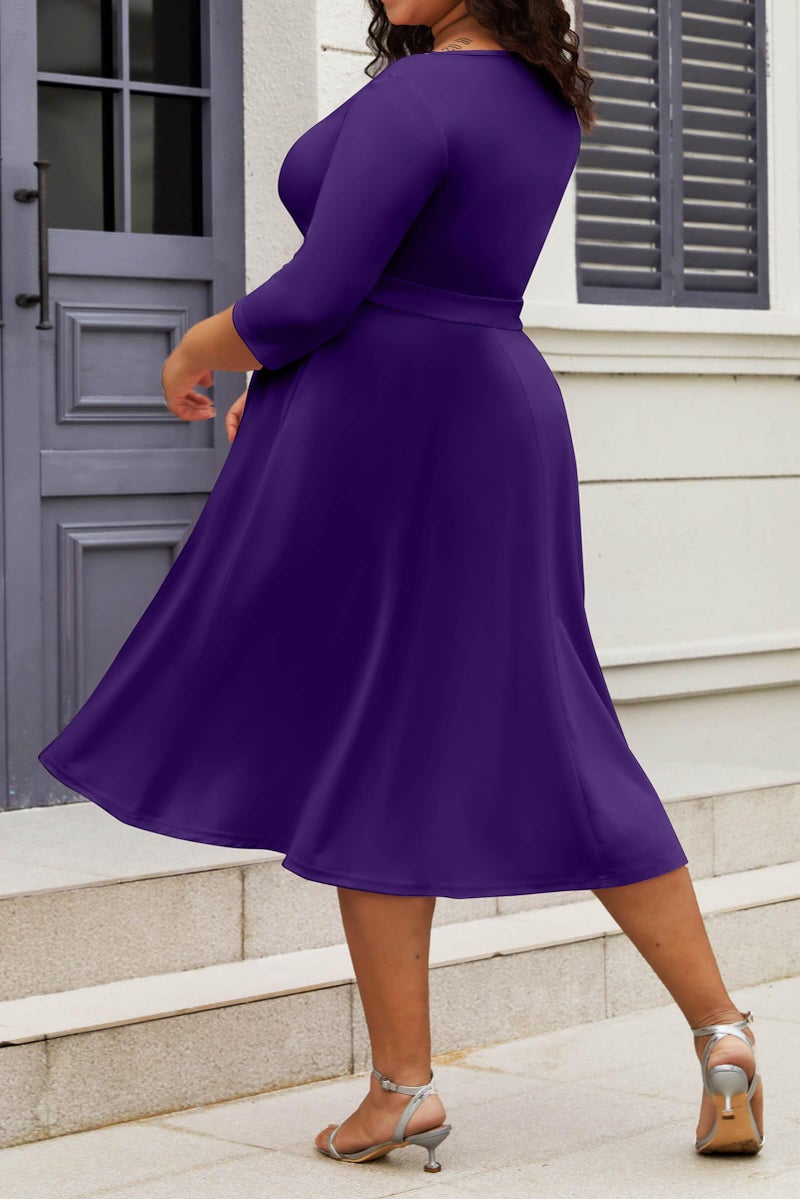 CLOCOR Women's Plus Size Midi Dress 3/4 Sleeve A-Line Swing Dress V Neck Flowy Casual Dresses Deep Purple 3X-Large - Image 4