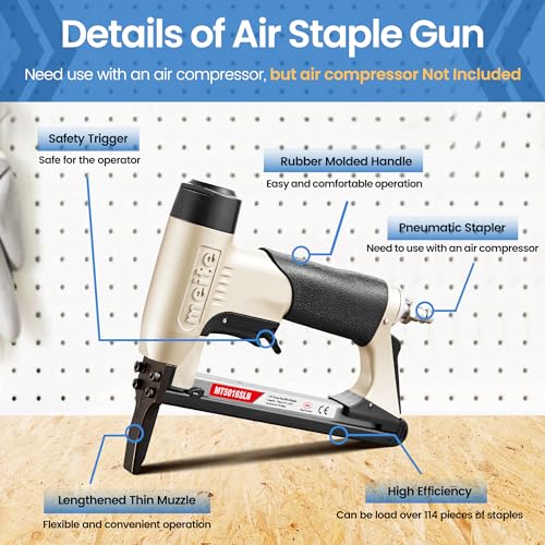 meite Upholstery Staple Gun with Extended Nose &Safety Trigger for 20 Gauge 1/2-Inch Crown Staples, Heavy-Duty Pneumatic Stapler for Woodworking and Decoration DIY Projects (Model MT5016SLN) - Image 5