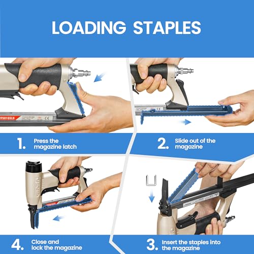 meite Upholstery Staple Gun with Extended Nose &Safety Trigger for 20 Gauge 1/2-Inch Crown Staples, Heavy-Duty Pneumatic Stapler for Woodworking and Decoration DIY Projects (Model MT5016SLN) - Image 4