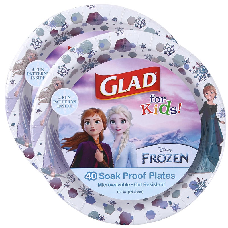 Glad for Kids Disney Frozen Disposable Paper Plates, Anna and Elsa - Heavy Duty, Soak Proof, Microwavable, Kid-Friendly Snack Plates for Everyday Use, 8.5 Inch, 40 Count - 2 Pack - Image 1