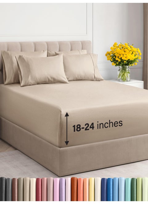 Extra Deep King Sheet Set - 6 Piece Breathable and Cooling Sheets - Hotel Luxury Bed Sheets Set - Easy & Secure Fit - Soft  Wrinkle Free and Comfy Sheets Set - Wheat Sheet Set with Extra Deep Pockets