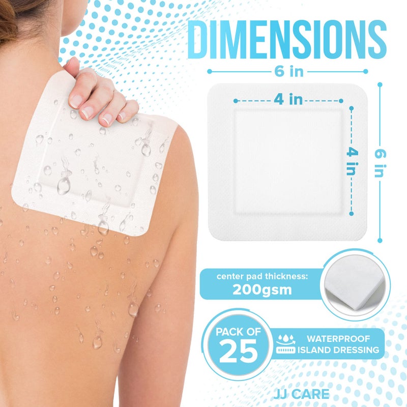 JJ CARE Waterproof Adhesive Island Dressing [Pack of 25], 6â€ x 6â€ Sterile Bordered Gauze, Breathable Island Wound Dressing, Individually Wrapped Adhesive Gauze Bandages with Non-Stick Central Pad - Image 2