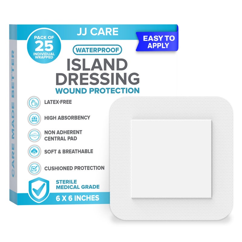 JJ CARE Waterproof Adhesive Island Dressing [Pack of 25], 6â€ x 6â€ Sterile Bordered Gauze, Breathable Island Wound Dressing, Individually Wrapped Adhesive Gauze Bandages with Non-Stick Central Pad - Image 1