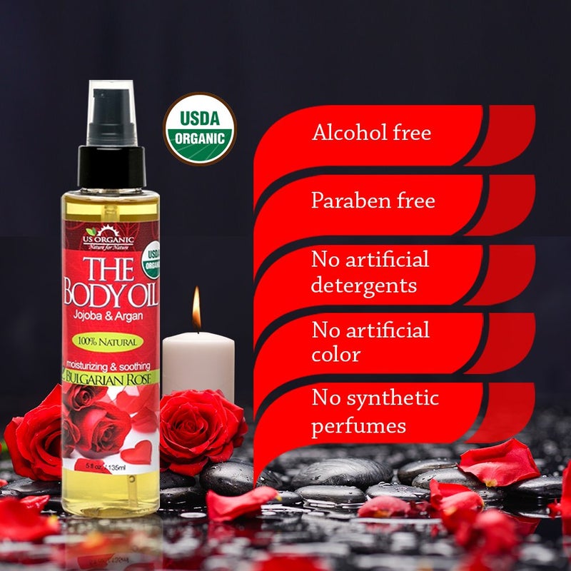 US Organic Body Oil - Romantic Sexy Bulgarian Rose- Jojoba and Argan Oil with Vitamin E, USDA Certified Organic, No Alcohol, Paraben, Artificial Detergents, Color or Synthetic perfume (Bulgarian Rose) - Image 4