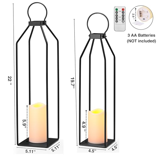 Perfnique Modern Farmhouse Lantern Decor, 19.7'' 22'' Set of 2 Black Metal Lanterns, 2 LED 6hr Timer Flickering Flameless Candles, Lanterns Decorative for Porch, Patio, Fireplace Mantle, Christmas - Image 3
