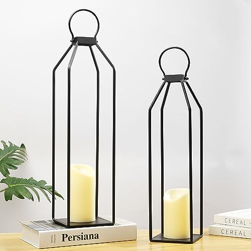 Perfnique Modern Farmhouse Lantern Decor, 19.7'' 22'' Set of 2 Black Metal Lanterns, 2 LED 6hr Timer Flickering Flameless Candles, Lanterns Decorative for Porch, Patio, Fireplace Mantle, Christmas - Image 2