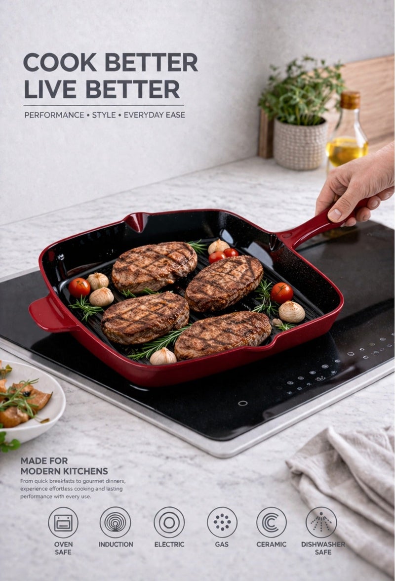 Rossetti Gusto Cast Iron 26cm Cranberry Red Grill Pan Cookware - Image 1