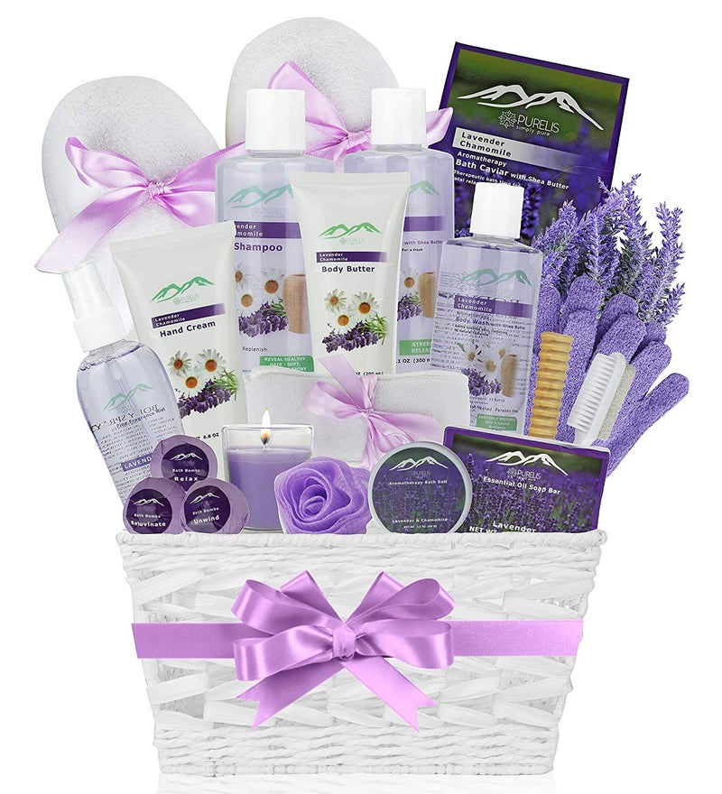 Purelis Gift Baskets for Women 1 Natural Spa Kit for Women  Men Birthday Gifts for Women Beauty Basket Home Spa Basket 20 pc Set Includes Body Lotion Bath Bombs  More Spa Gifts for Her