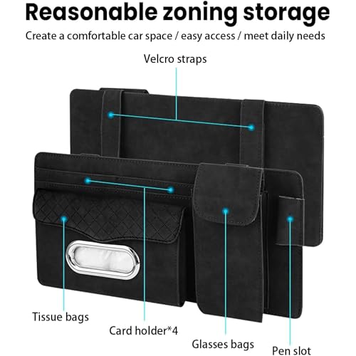 DETACHI Car Sun Visor Organizer with Tissue Paper, Sunglass Pen Card Small Document Storage Pouch & Phone Holder, Leatherette, Multi-Pocket with Zipper Net-(Black, 18X3X37CM) - Image 2
