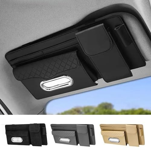 DETACHI Car Sun Visor Organizer with Tissue Paper, Sunglass Pen Card Small Document Storage Pouch & Phone Holder, Leatherette, Multi-Pocket with Zipper Net-(Black, 18X3X37CM) - Image 3