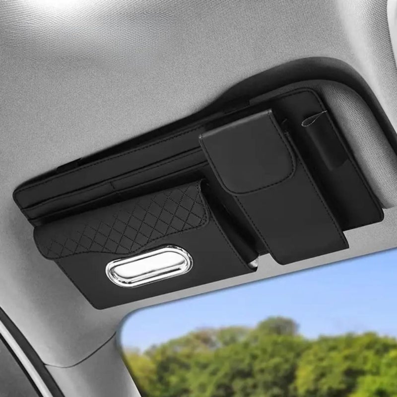 DETACHI Car Sun Visor Organizer with Tissue Paper, Sunglass Pen Card Small Document Storage Pouch & Phone Holder, Leatherette, Multi-Pocket with Zipper Net-(Black, 18X3X37CM) - Image 4