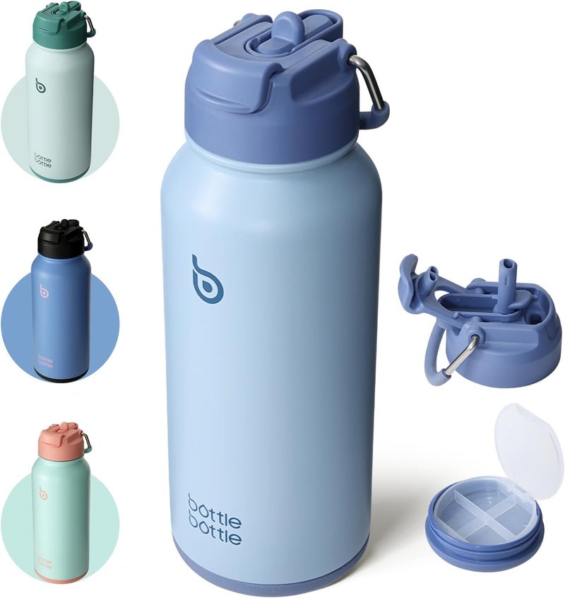 bottle bottle Insulated Stainless Steel Water Bottle 32oz capacity. Great for Sports, Travel & Gym. Includes Straw and Pill Box, Dual Use  - Blue - Image 1