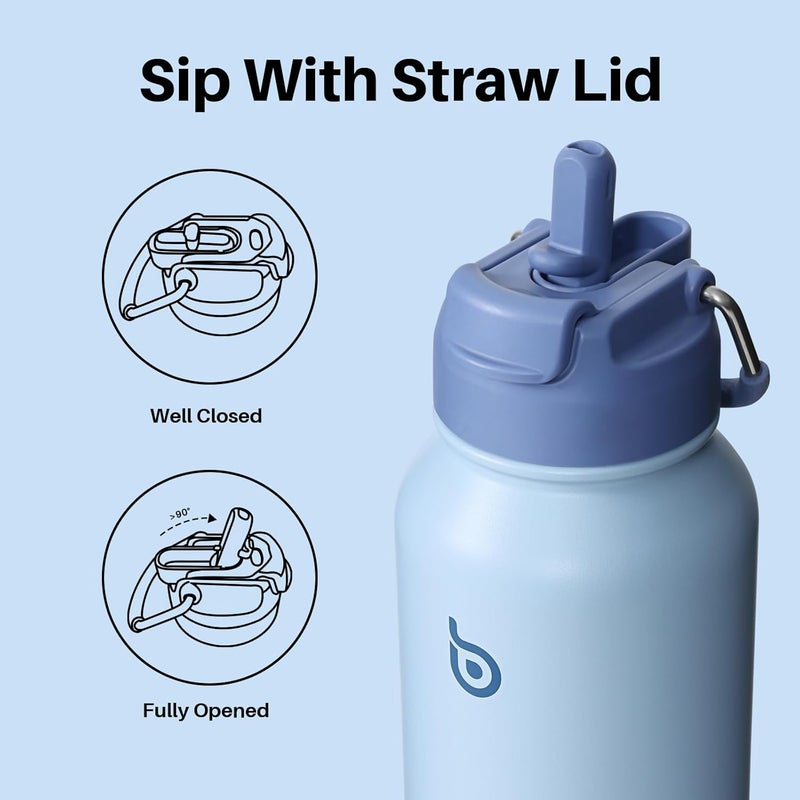 bottle bottle Insulated Stainless Steel Water Bottle 32oz capacity. Great for Sports, Travel & Gym. Includes Straw and Pill Box, Dual Use  - Blue - Image 3