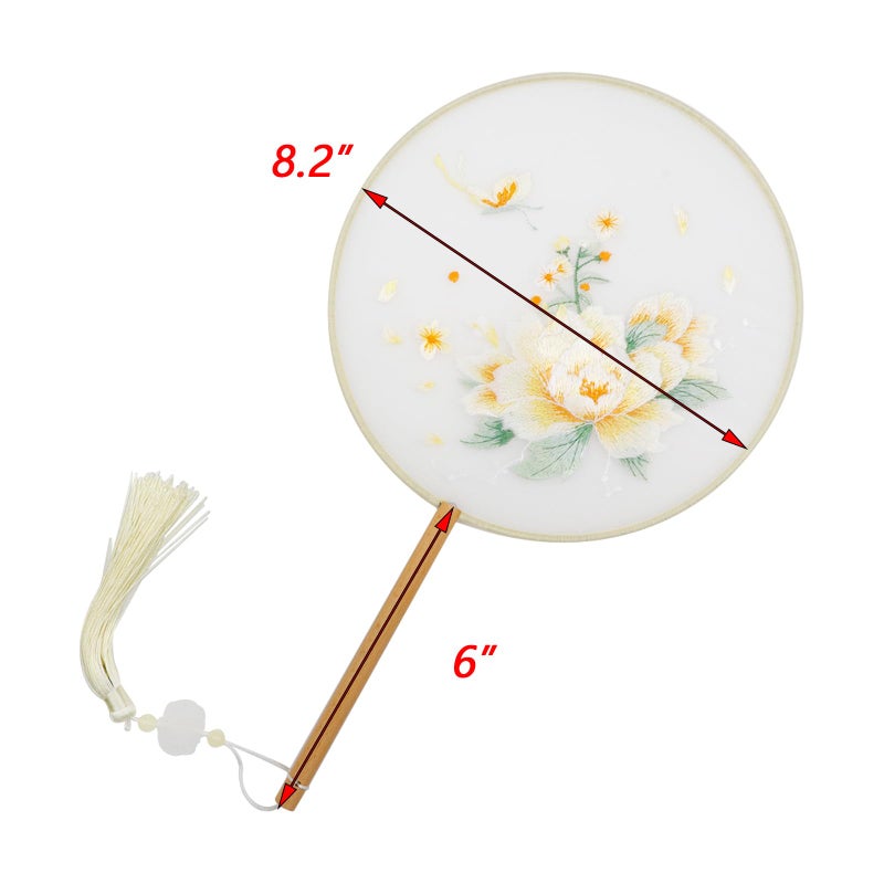 Dnyta Chinese Round Fan Double-Sided Pattern Fan Chinese Silk Hand Fan Ancient Hand Fan (Yellow Peony) - Image 3
